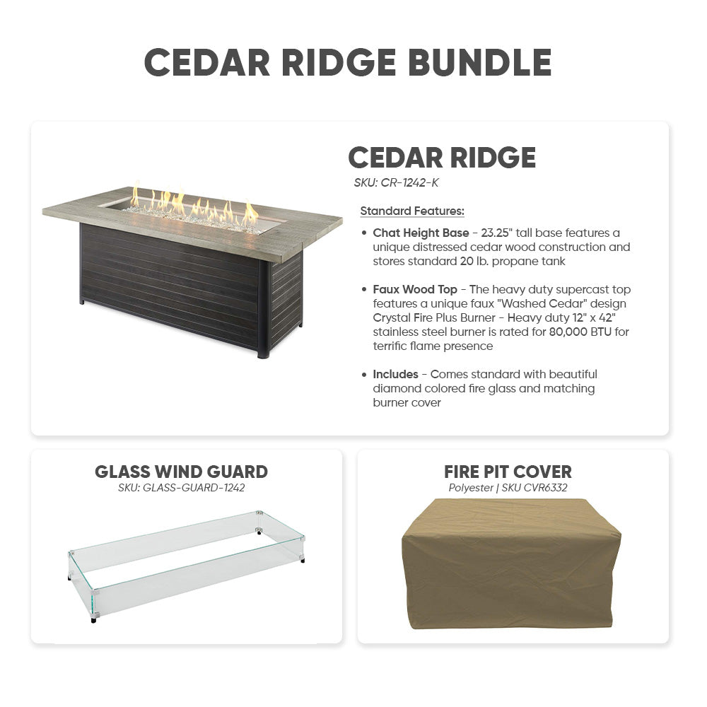 The Outdoor GreatRoom Company Cedar Ridge Gas Fire Pit Table, Cover and Wind Guard Bundle
