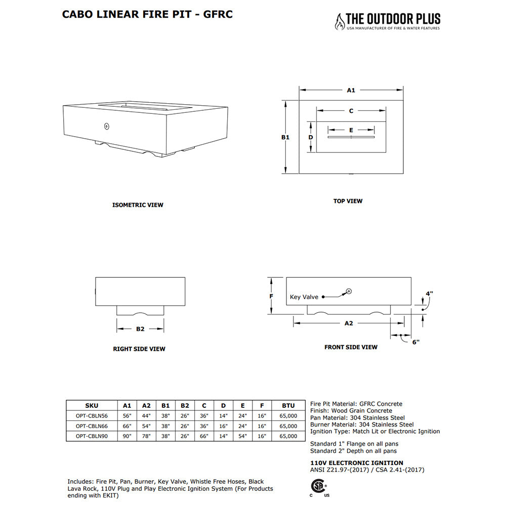 TOP Fires by The Outdoor Plus Cabo 56x38-Inch Linear Concrete Gas Fire Pit