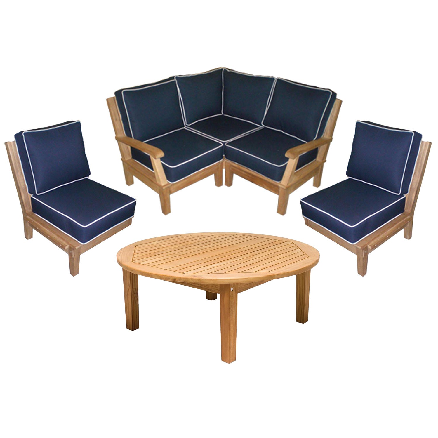 Royal Teak Collection P117 Miami Deep Seating 4-Piece Teak Patio Conversation Set with Sectional Seating, Round Coffee Table & Sunbrella Cushions