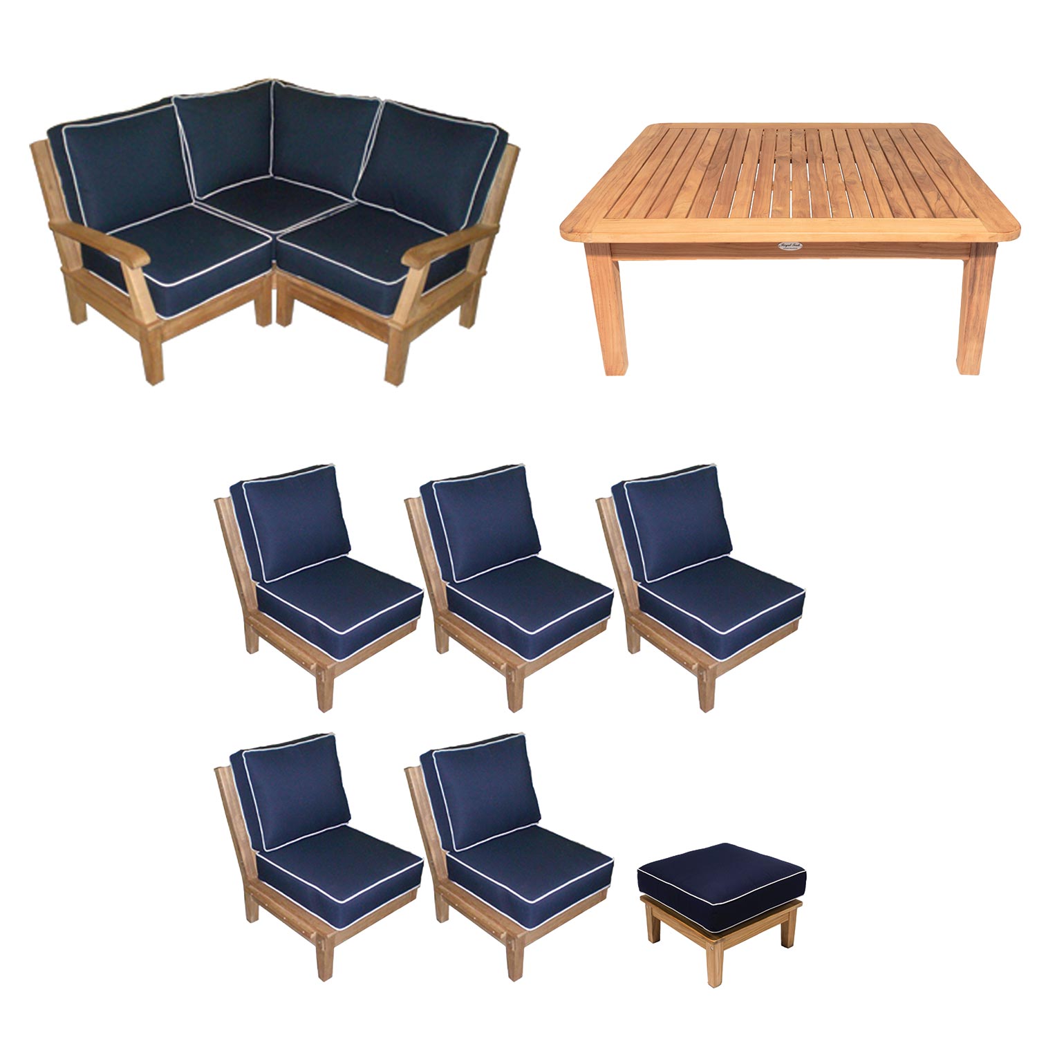 Royal Teak Collection P119 Miami Deep Seating 8-Piece Teak Patio Conversation Set with Sectional Seating, Square Coffee Table & Sunbrella Cushions