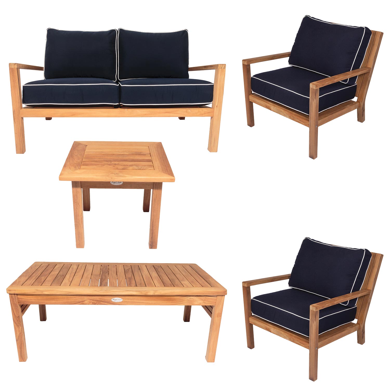 Royal Teak Collection P131 Coastal Deep Seating 5-Piece Teak Patio Conversation Set with Seating, Rectangular Coffee Table, Square Side Table & Sunbrella Cushions