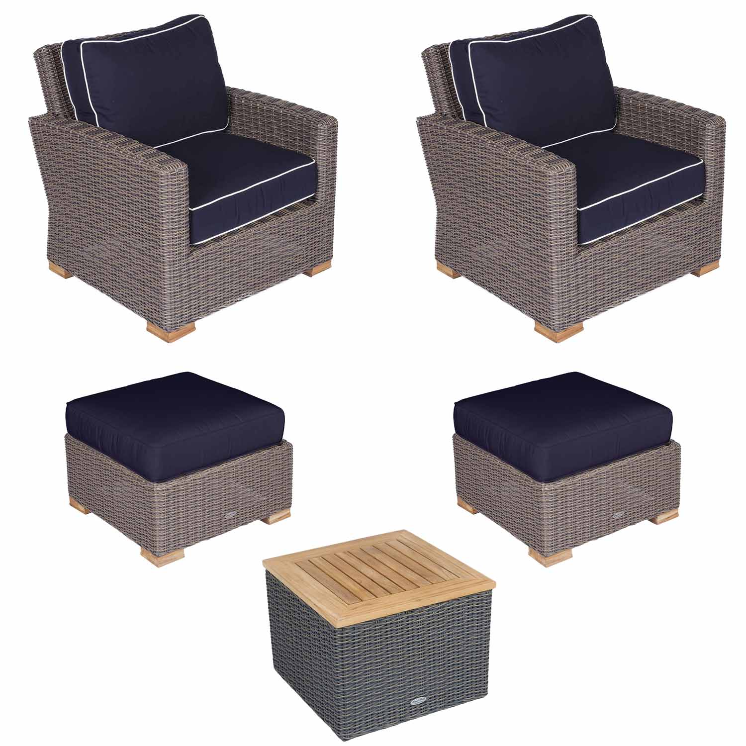 Royal Teak Collection P160 Sanibel Deep Seating 5-Piece Wicker Patio Conversation Set with Chairs, Ottomans, Side Table & Sunbrella Cushions