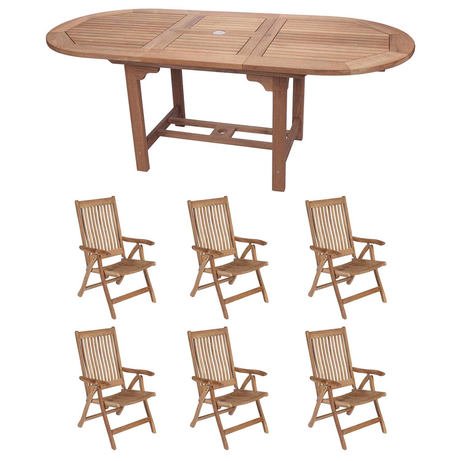 Royal Teak Collection P73 7-Piece Teak Patio Dining Set with 72/96-Inch Oval Expansion Table & Estate Reclining Chairs
