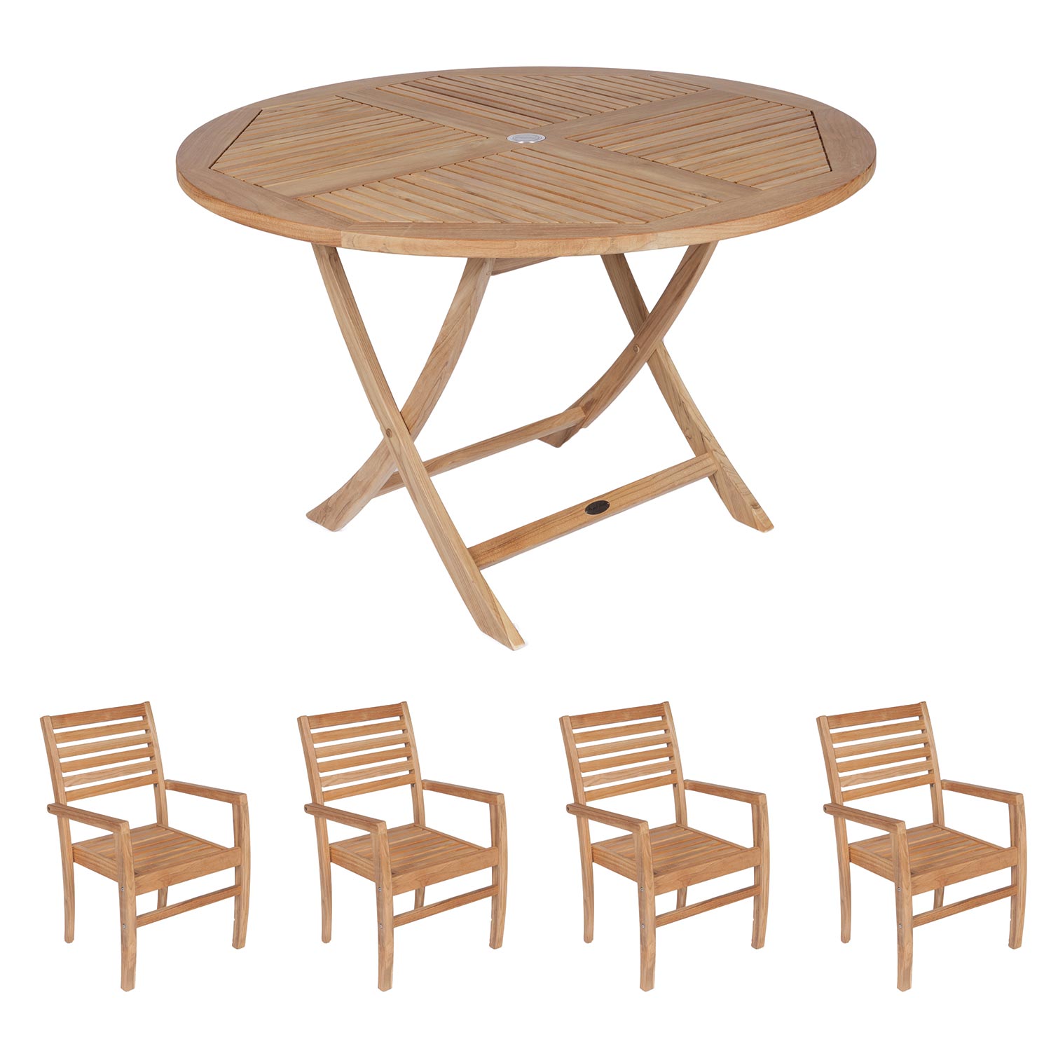 Royal Teak Collection P83 5-Piece Teak Patio Dining Set with 47-Inch Sailor Round Folding Table & Avant Stacking Chairs