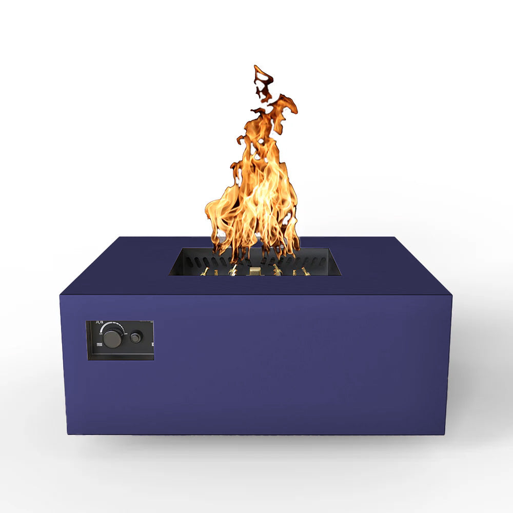 Square gas fire table with flames from center burner, deep blue powder-coated finish