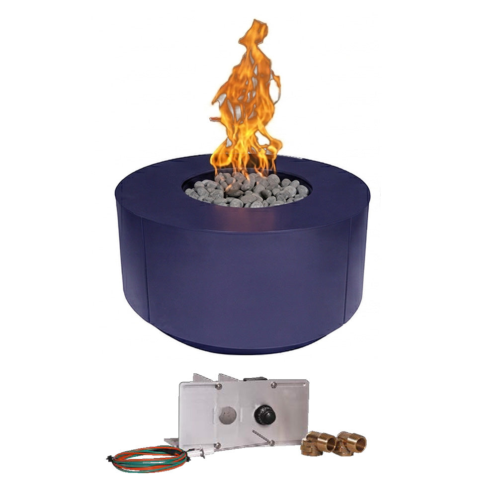 Blue round gas fire table with centered flame over gray lava rocks