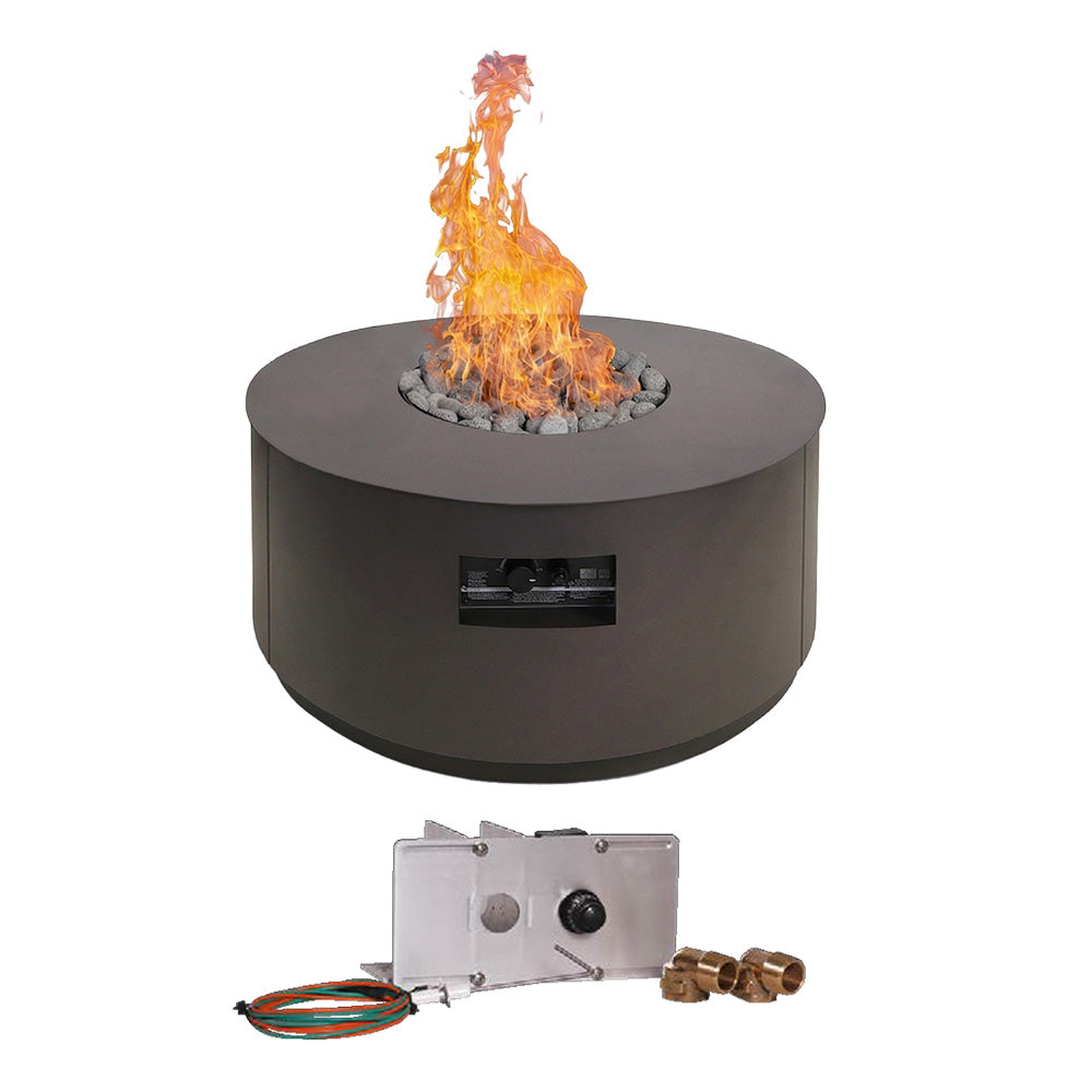 Round gas fire table with open orange flame and gray lava stones in a black enclosure