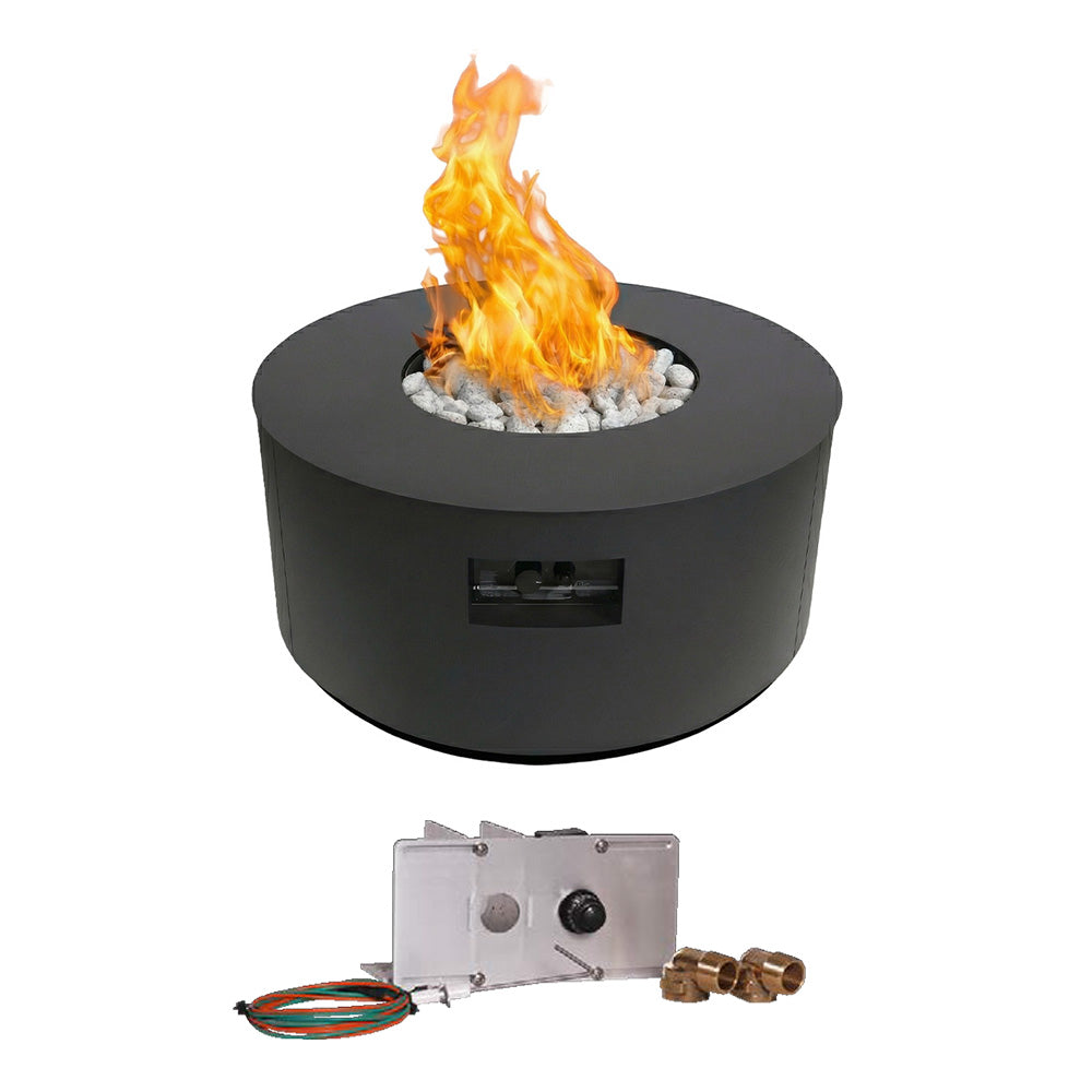 Round gas fire table with flame, dark finish, plus burner control components