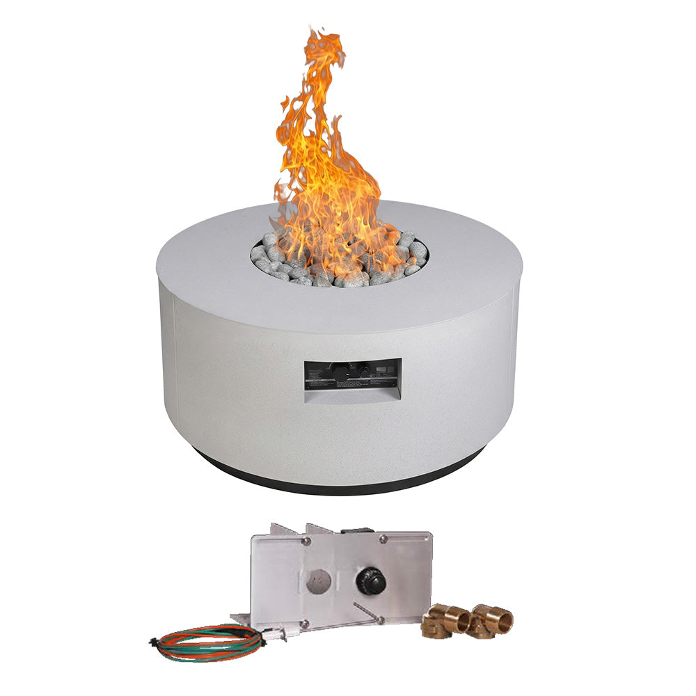 Light gray round gas fire table with flames; included gas valve and tubing components