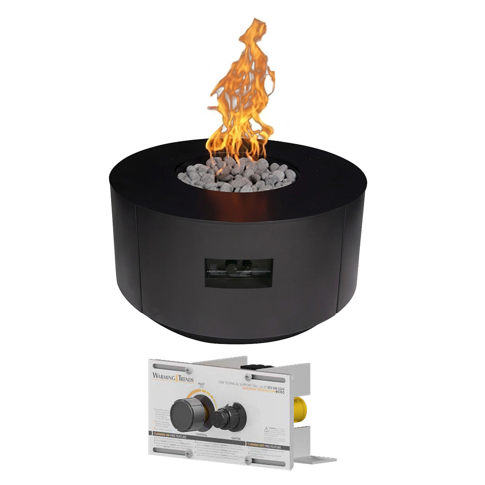 Black round gas fire table with centered flame, burner, and control panel
