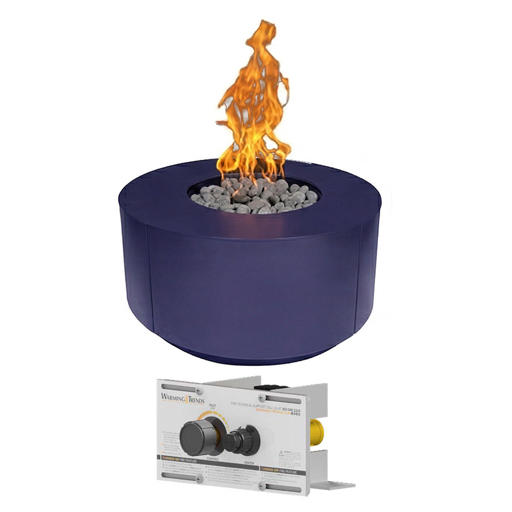 Blue round gas fire table with centered flame over gray lava rocks