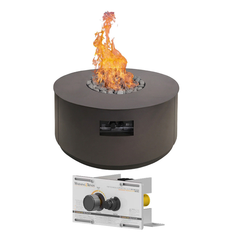 Black round gas fire table with centered flame and built-in control panel