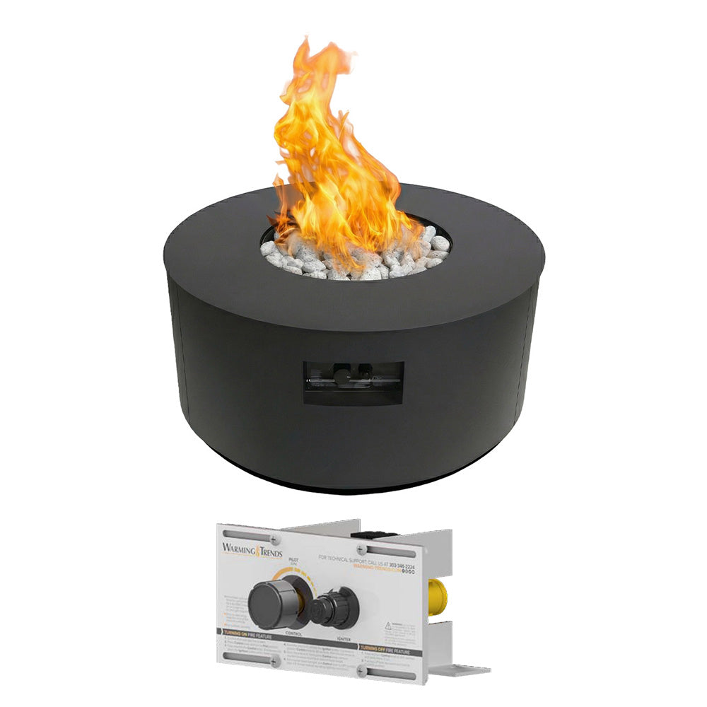 Dark gray round gas fire table with centered flame and control panel