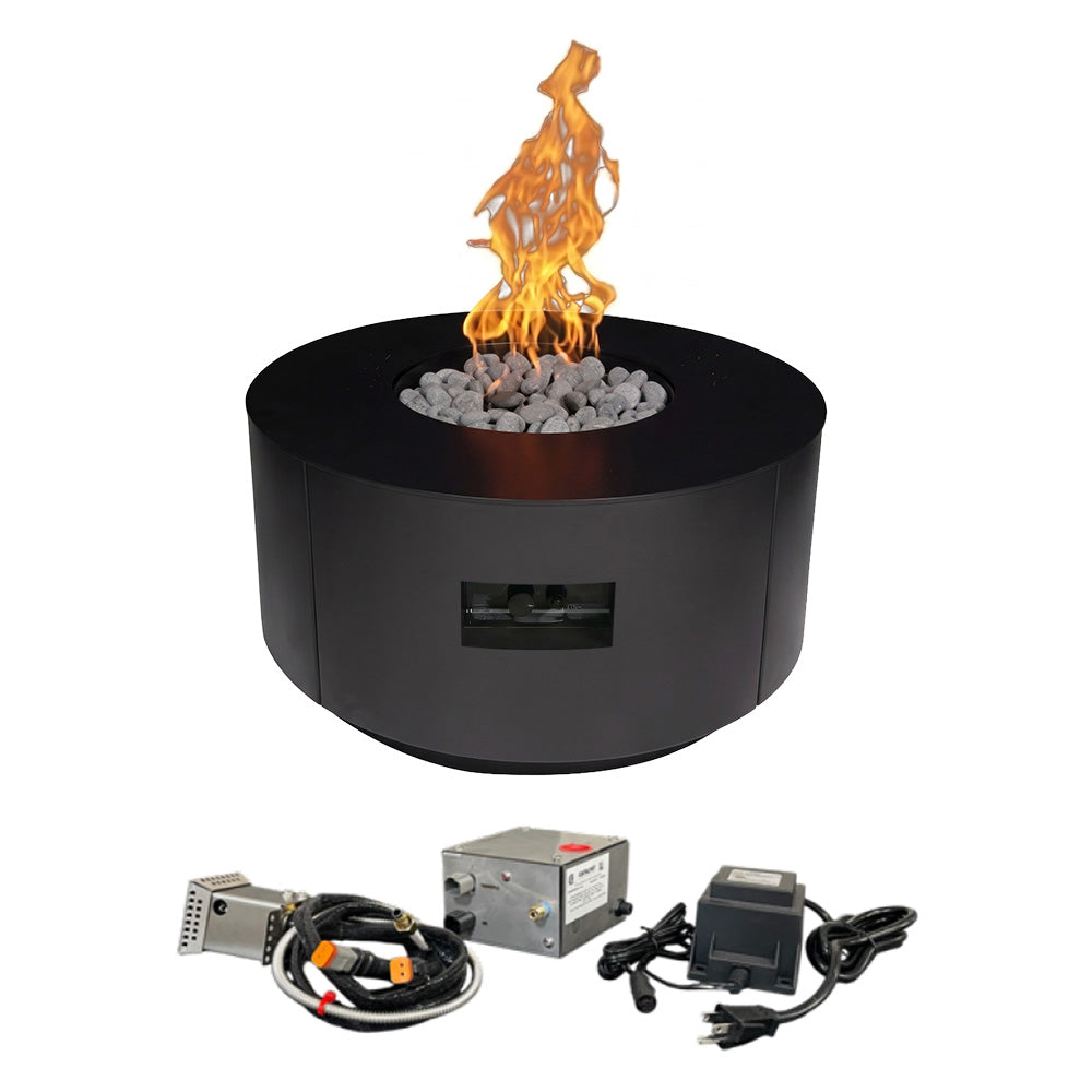 Black round gas fire table with centered flame, rocks, and ignition kit