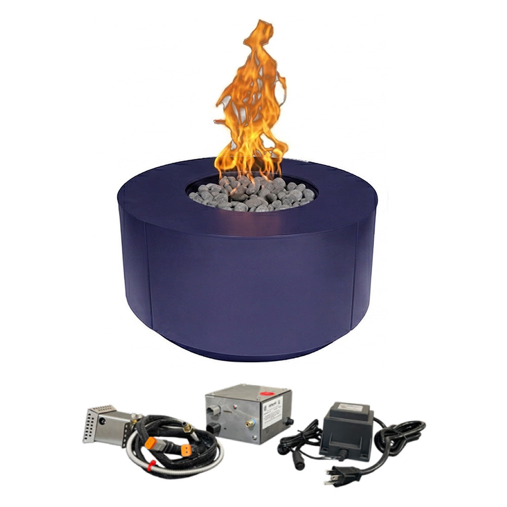 Round gas fire table, blue, with burning flames and included control kit