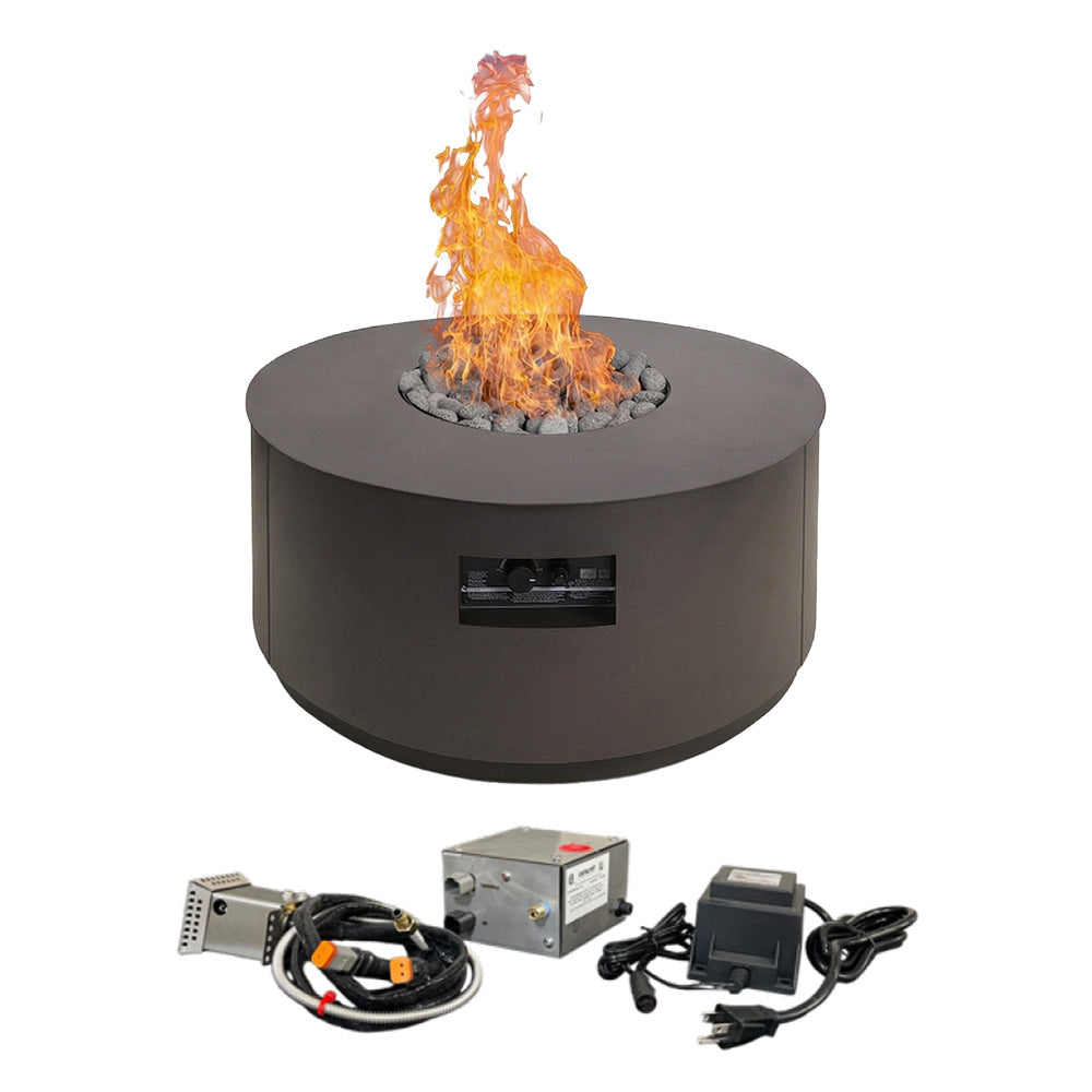Round gas fire table, dark gray, with burning flames and included control kit