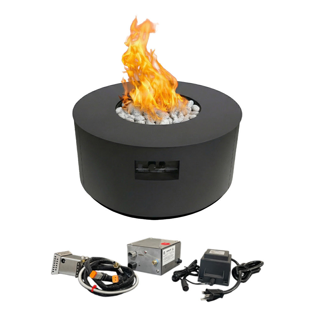 Black round gas fire table with centered flame and included ignition components