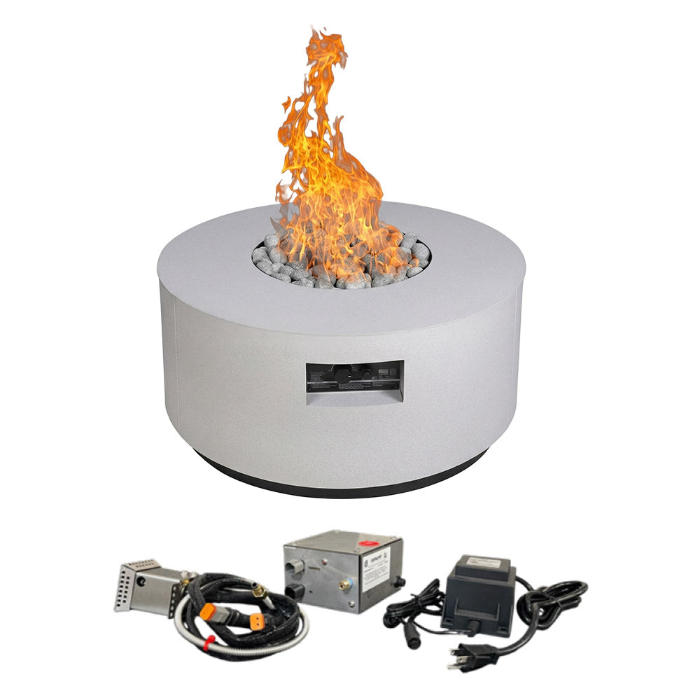 Light gray round gas fire table with centered flame, rocks, and ignition kit