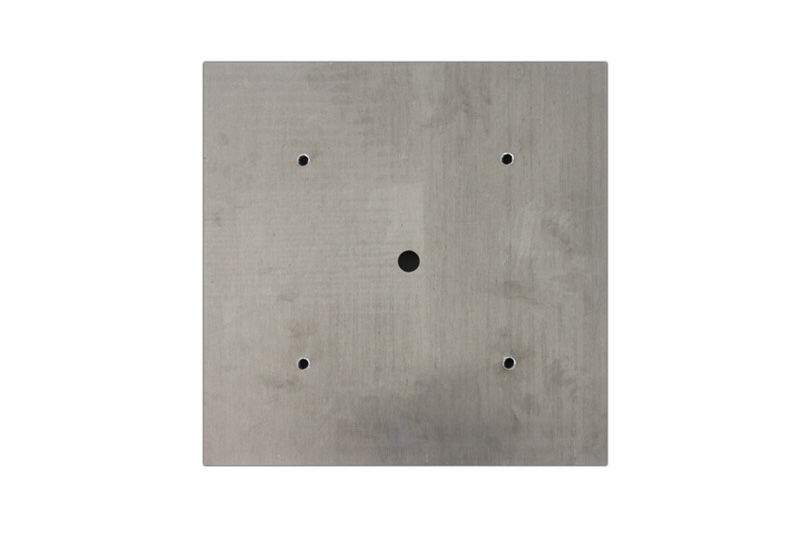 Flat square fire pit burner pan with several small holes and one center hole