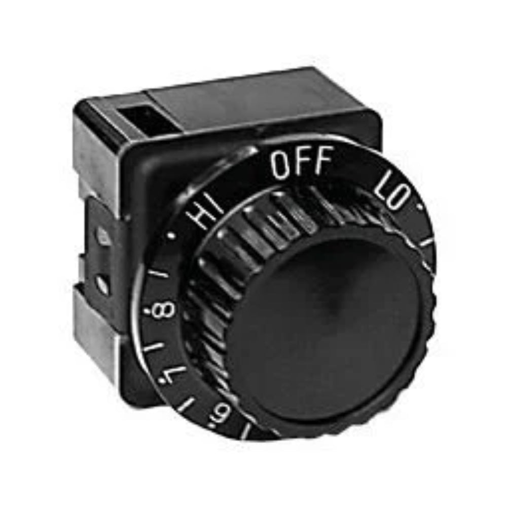 Rotary switch knob with OFF/LO scale on black housing, side view with terminals