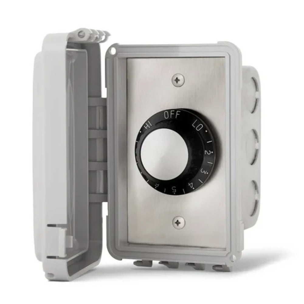 Weatherproof flush-mount regulator with rotary knob dial labeled HI, OFF, LO