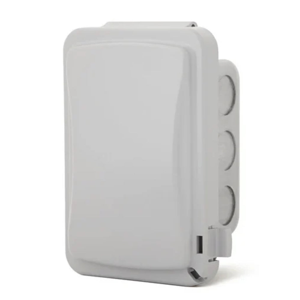 Weatherproof flush-mount regulator in white cover with side terminal plugs