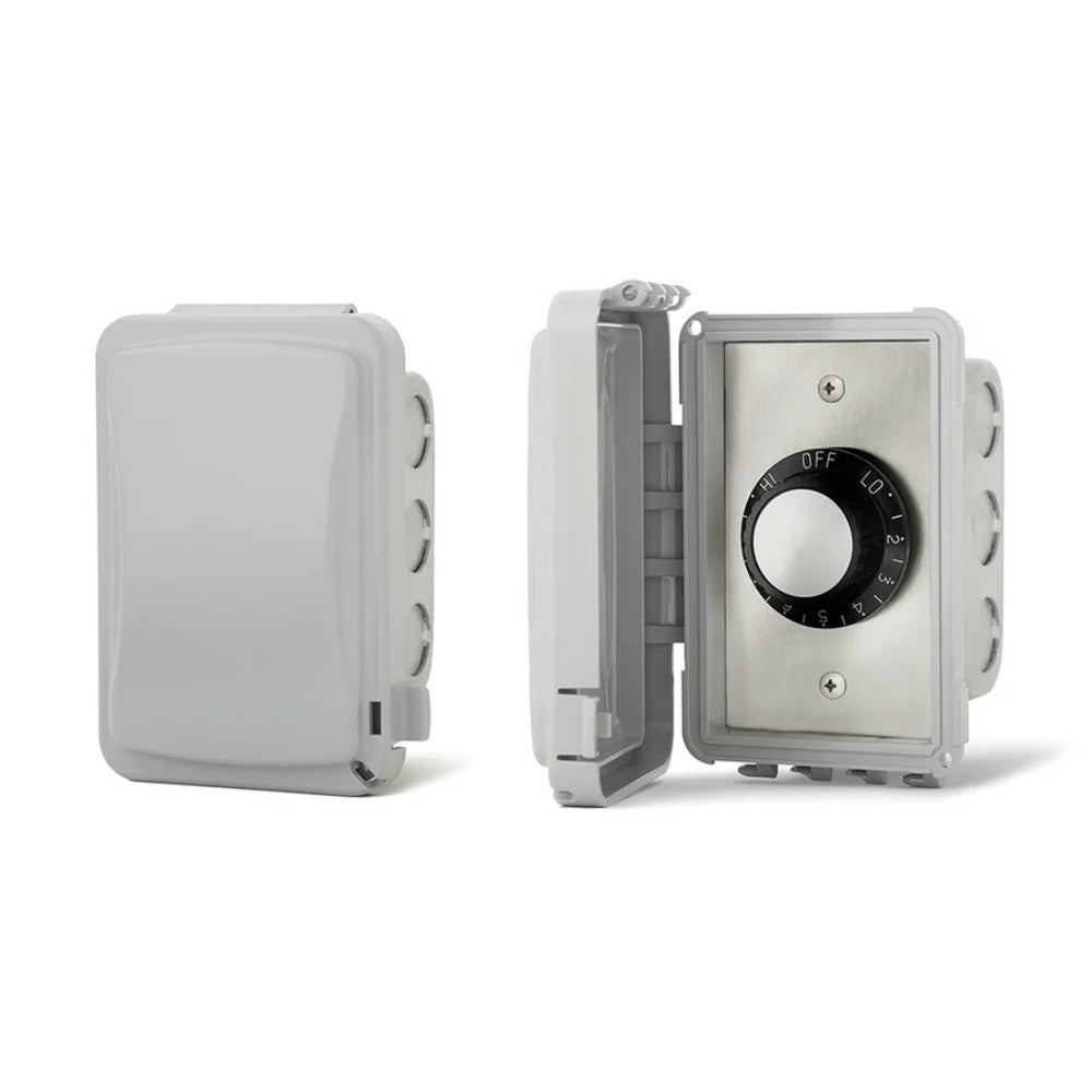 Weatherproof flush-mount regulator with open cover showing rotary dial and controls