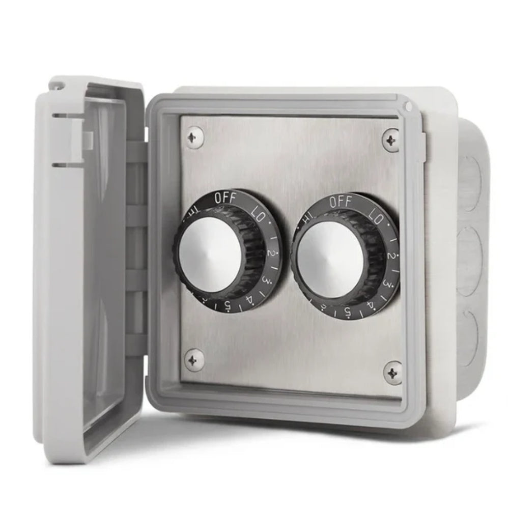 Light gray dual flush mount regulator face with two OFF/LOW dial controls