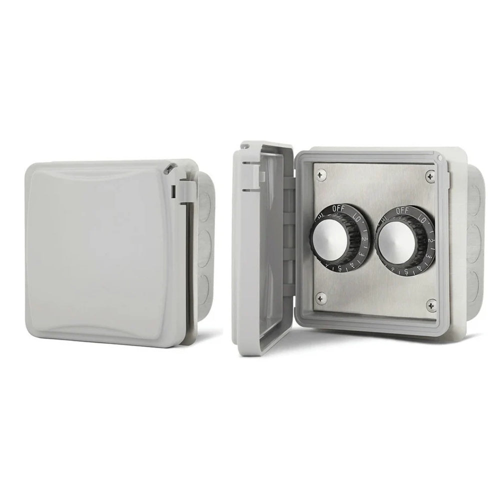 Light gray weatherproof dual flush mount regulator with two adjustable dials