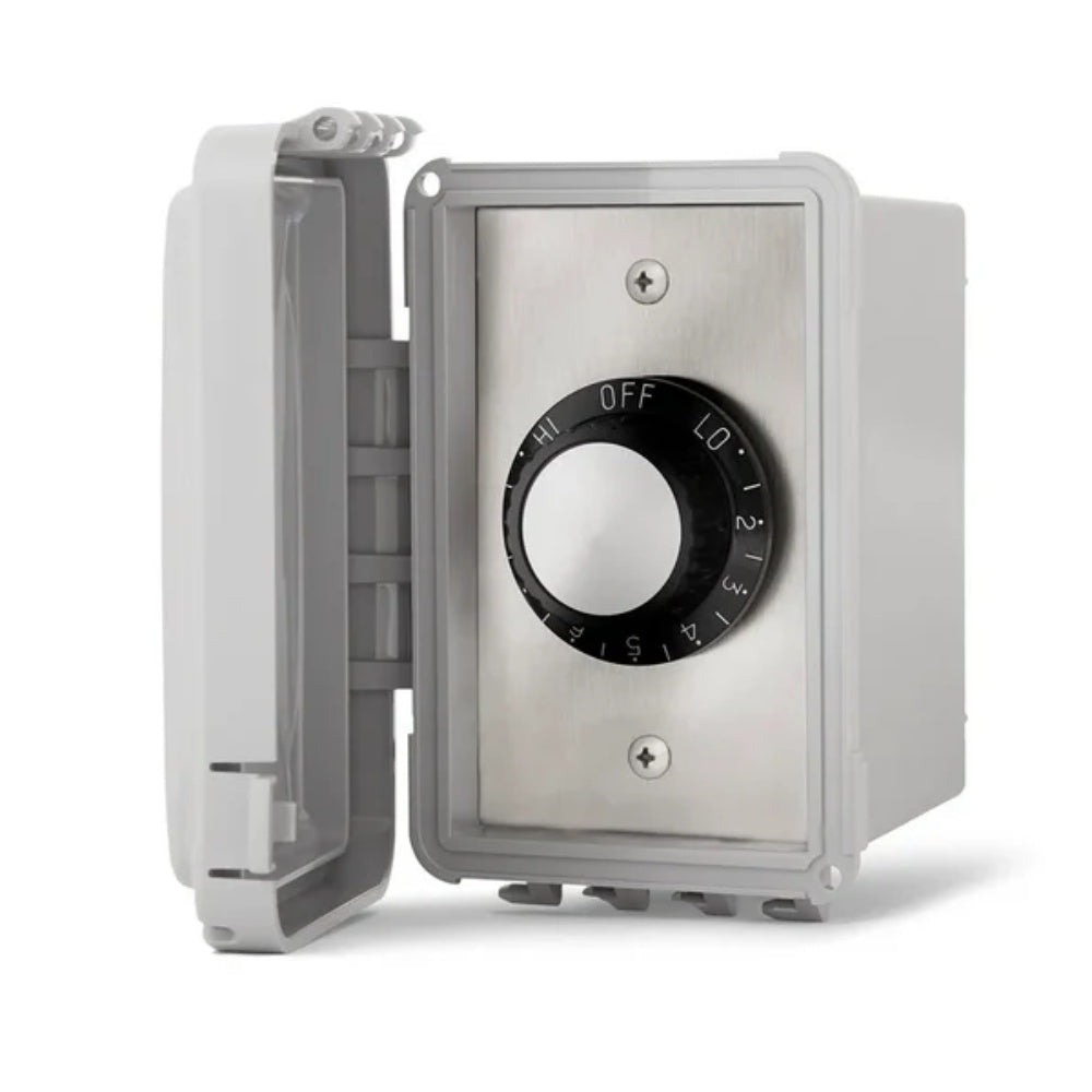 Weatherproof regulator face with OFF and LO dial markings on light gray box