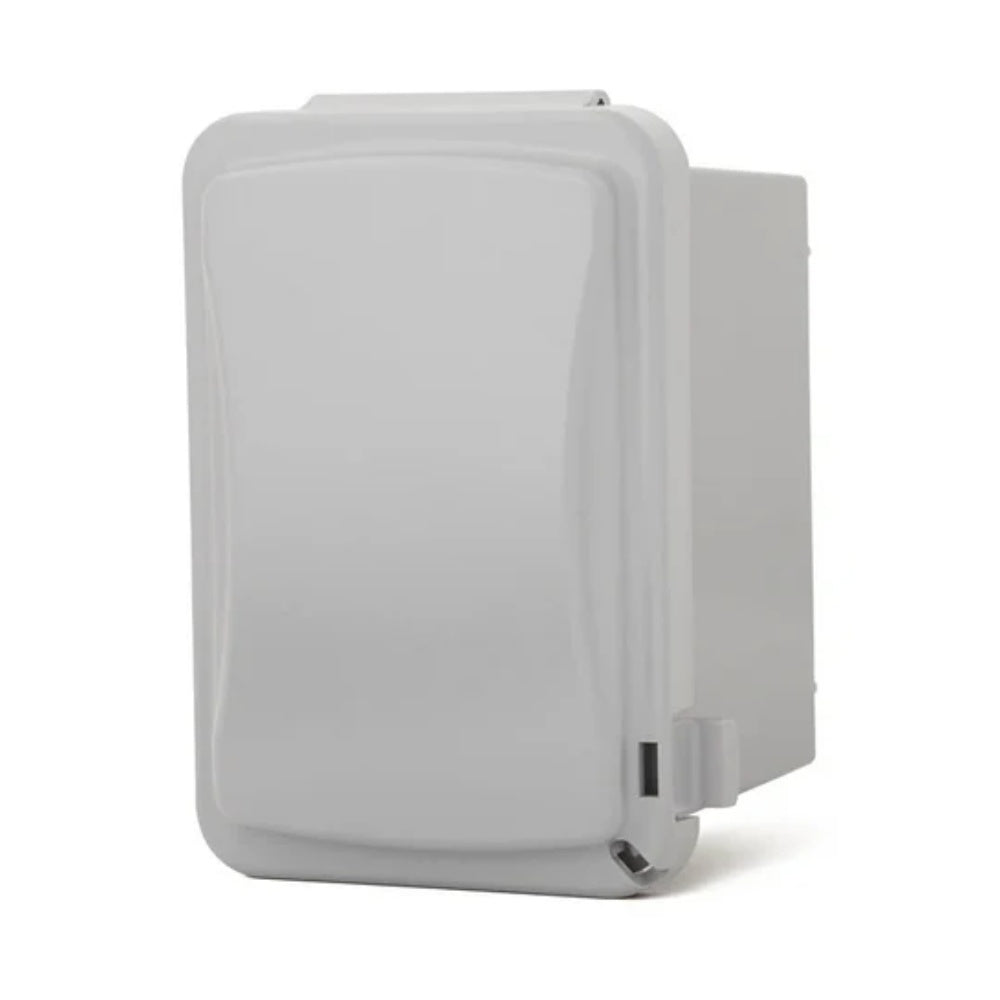 Weatherproof surface-mount regulator enclosure with light gray cover