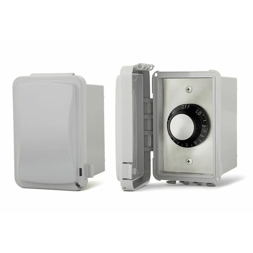 Weatherproof regulator with open housing and light gray temperature dial