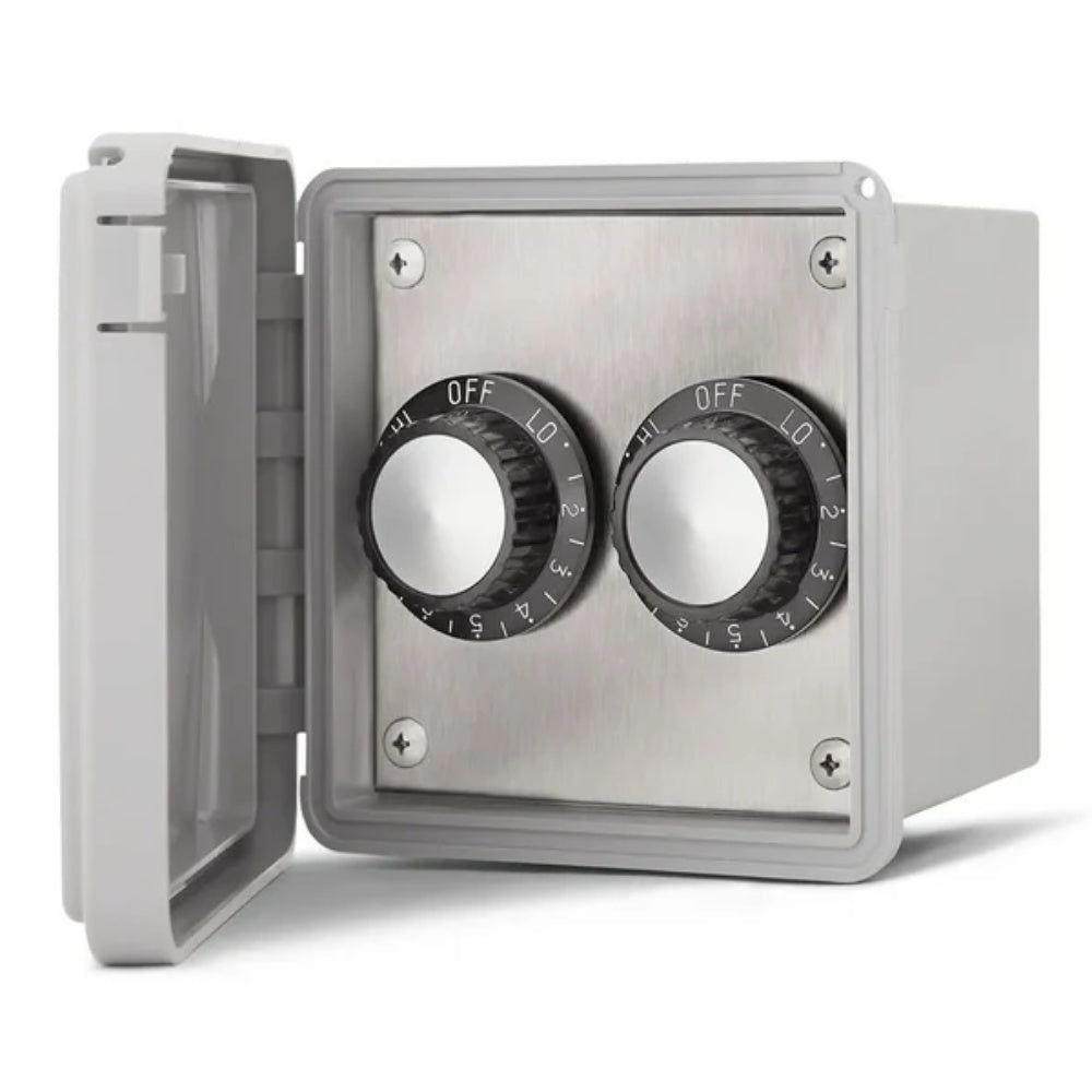 Dual surface-mount heater regulator with weatherproof box, stainless face, two OFF/LO knobs