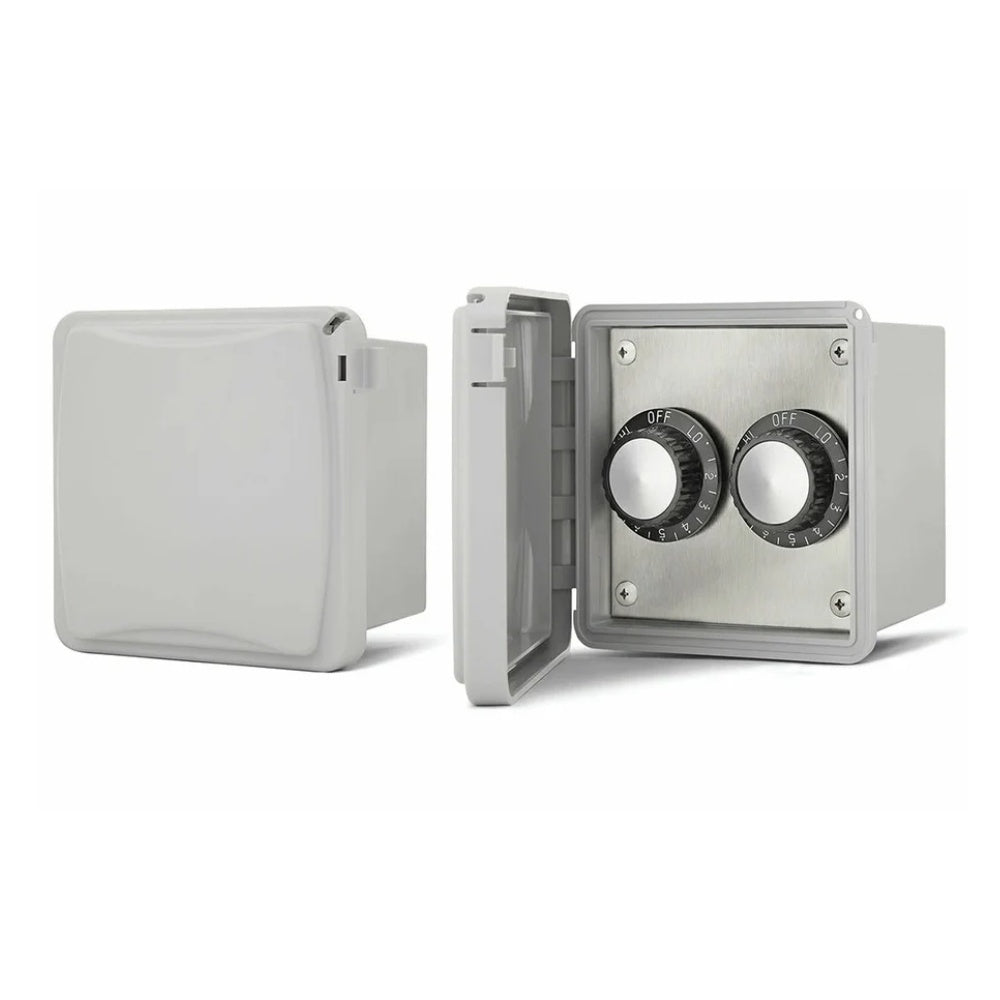 Weatherproof regulator box with dual knobs, side cover open for access