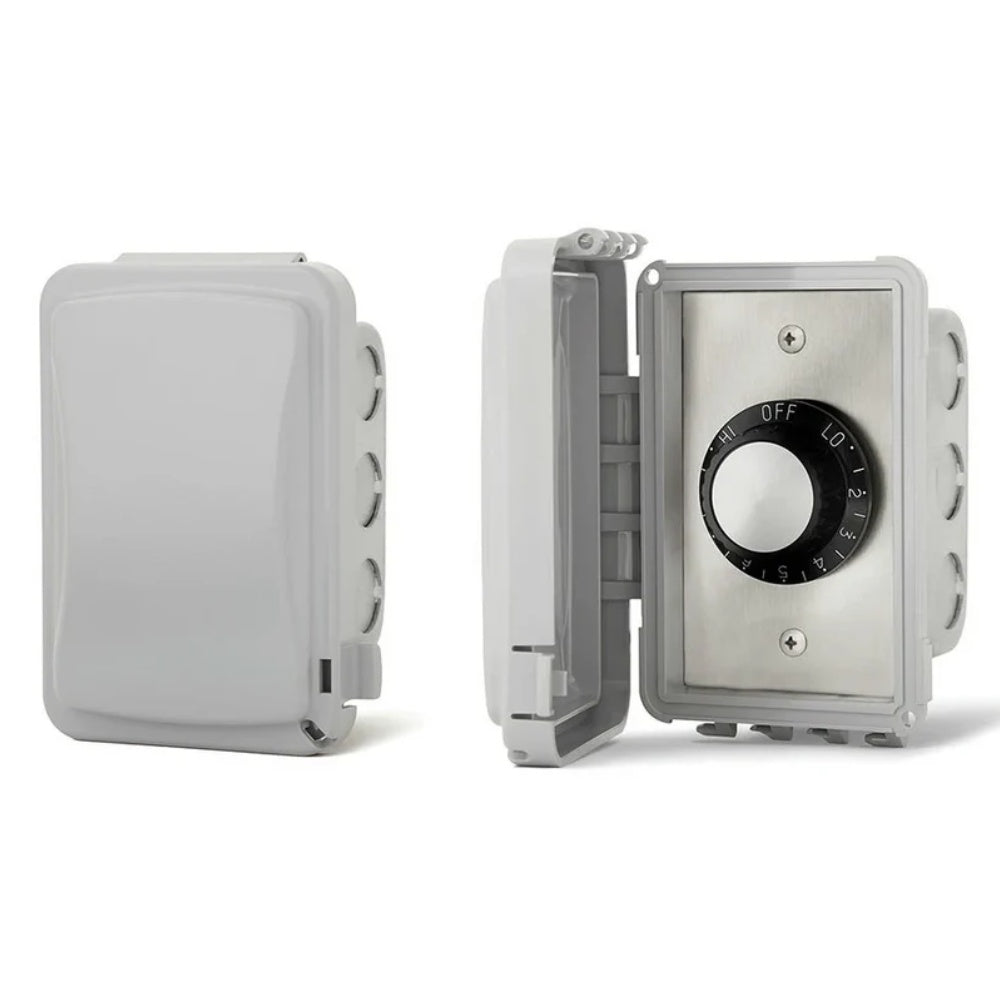 Flush-mount regulator with weatherproof cover, white enclosure with dial shown