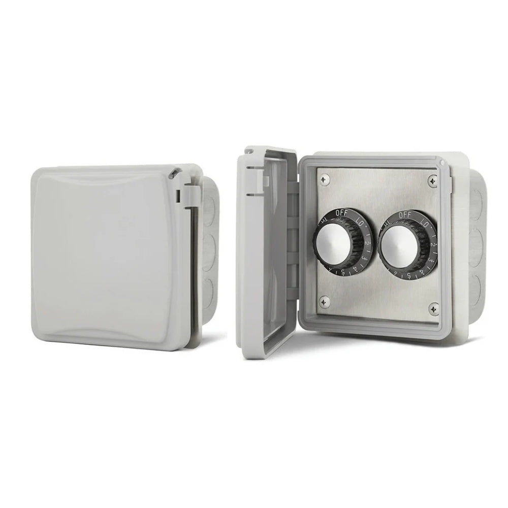 Weatherproof regulator with two OFF/level knobs, cover open