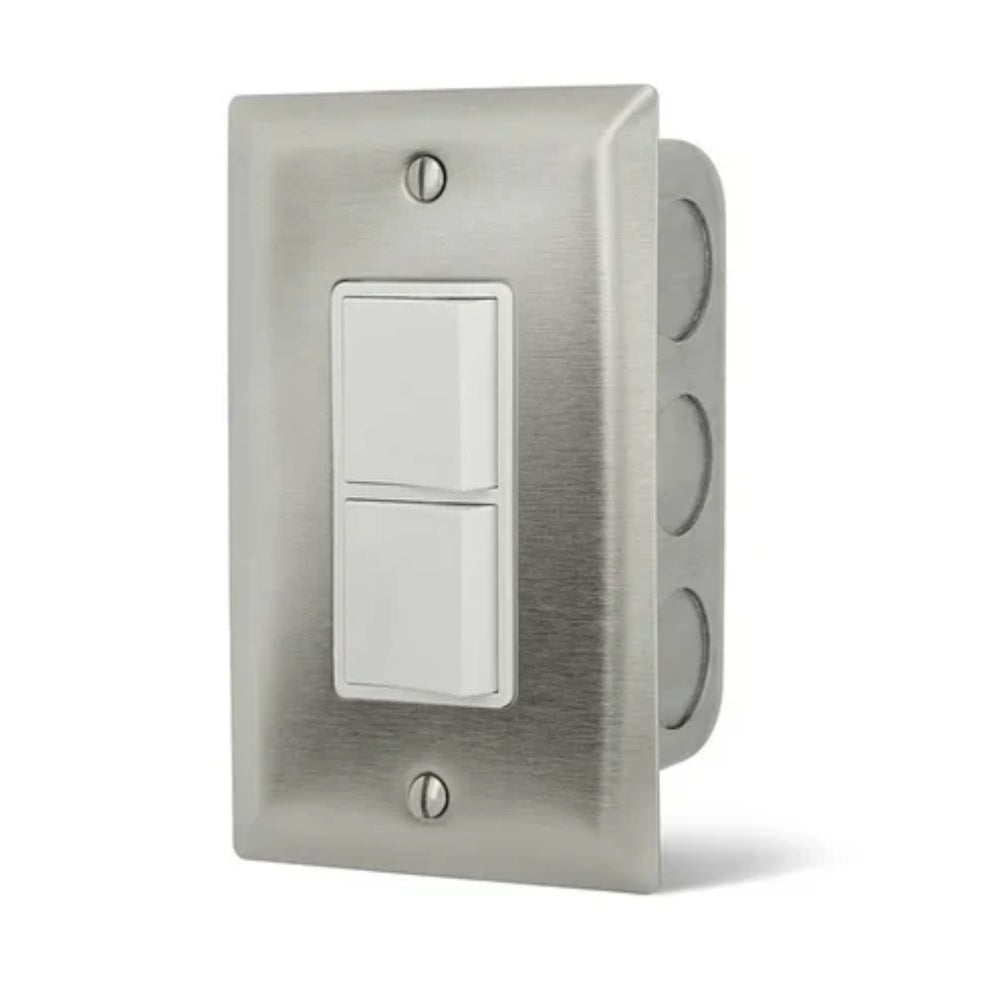 Stainless steel wall plate duplex switch with two white rockers