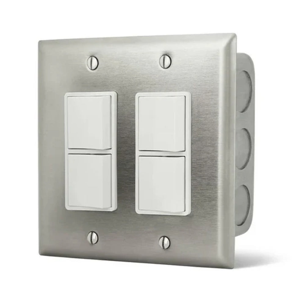 Stainless steel wall plate with two double switches and four indicator buttons