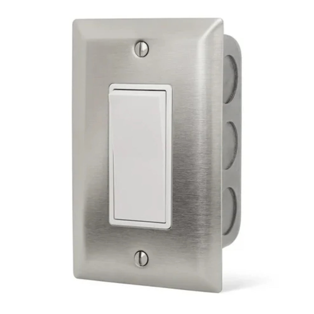 Brushed stainless steel on/off wall switch plate with centered rectangular toggle