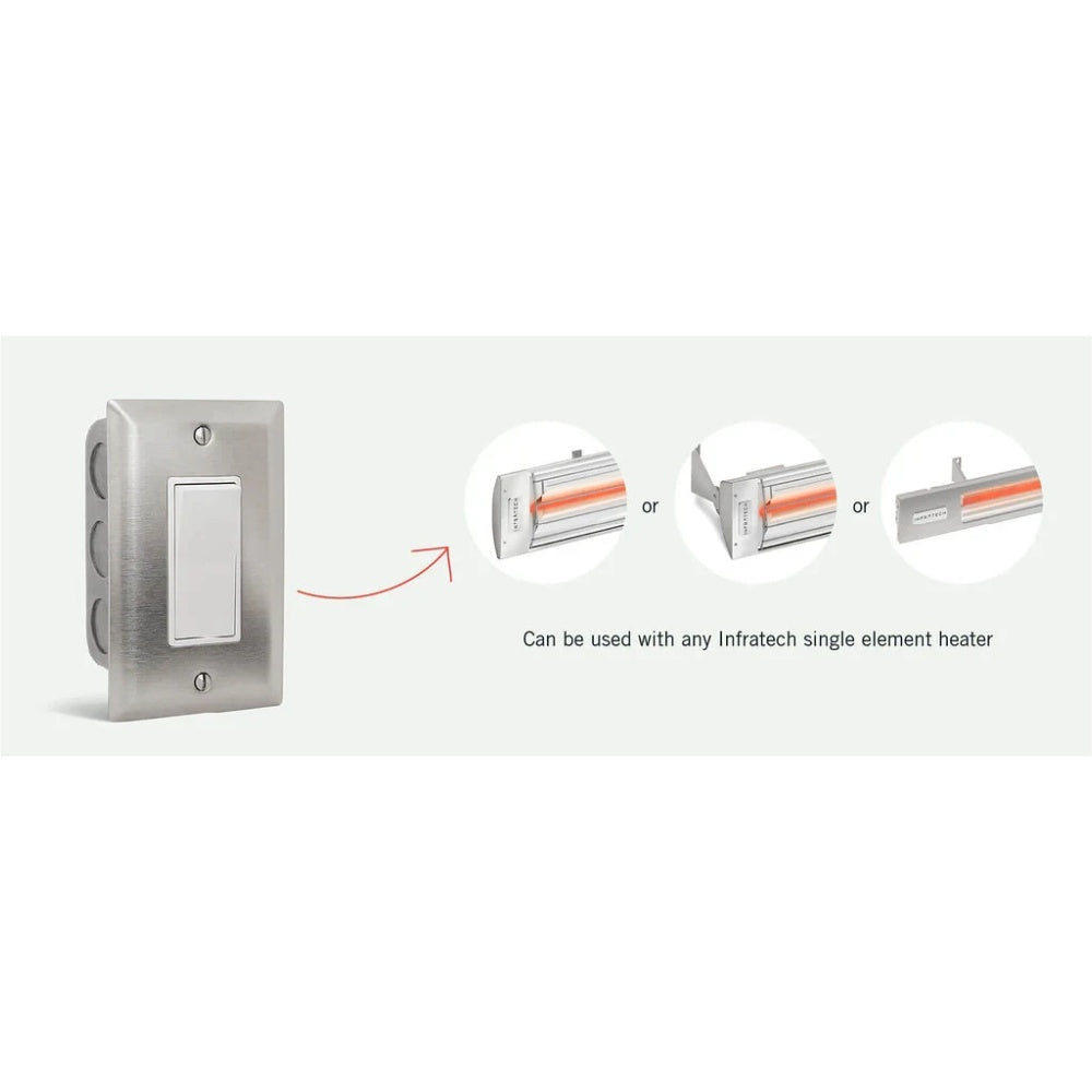 Stainless steel single on/off wall switch with flush rectangular rocker and side plates