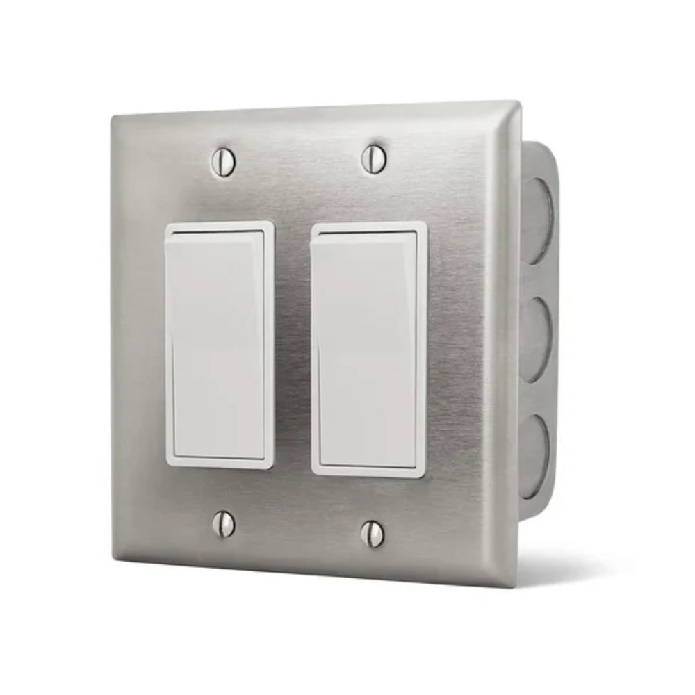 Stainless steel dual flush mount switch plate with two rectangular white push switches