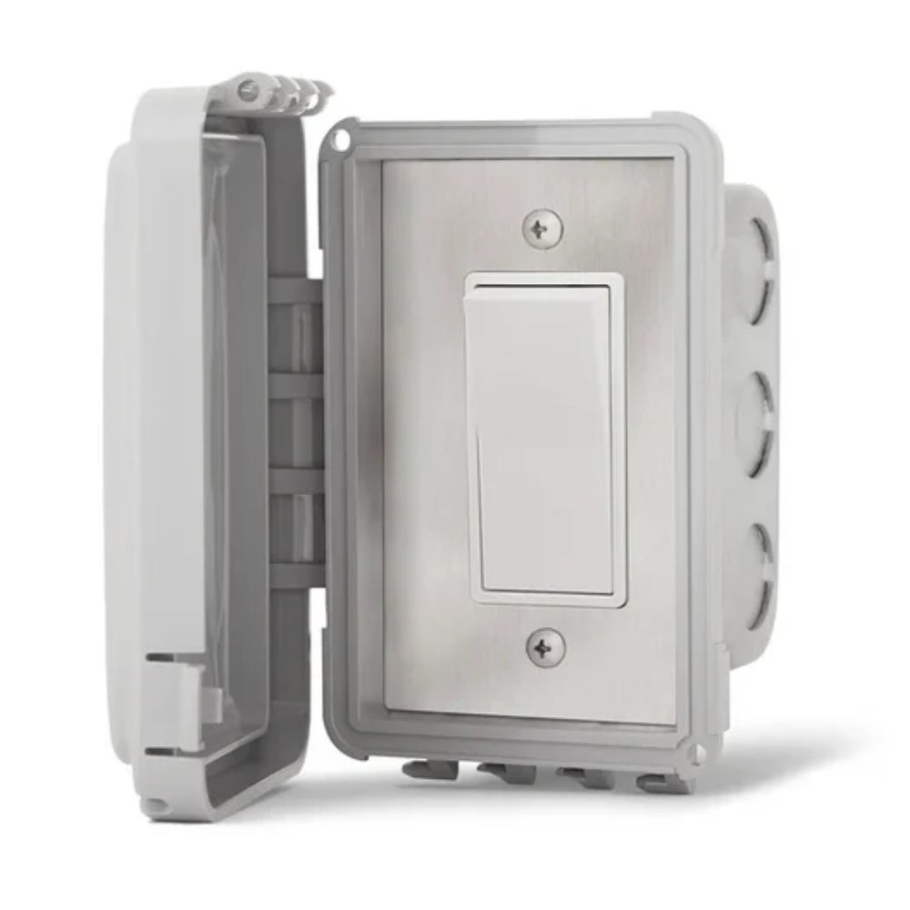 Open weatherproof flush-mount on/off switch showing interior and white front plate
