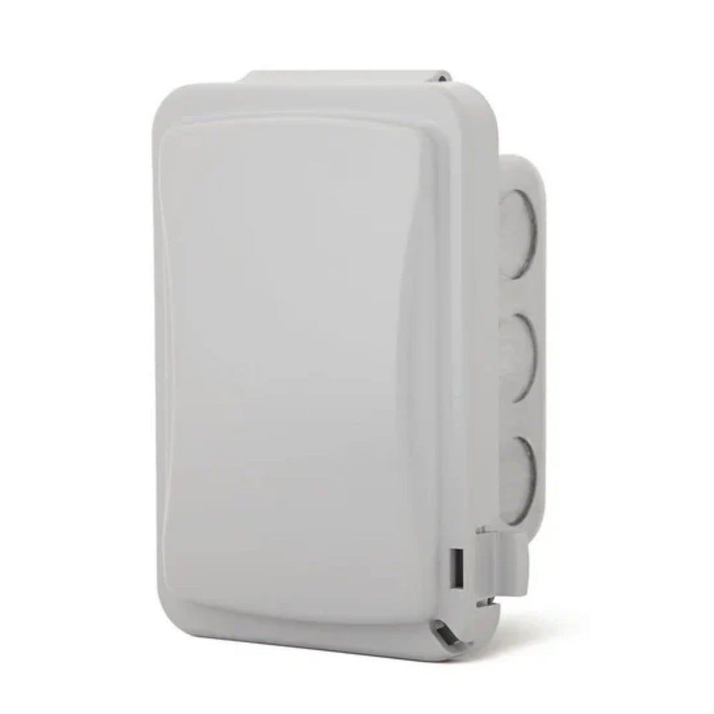 Weatherproof flush-mount on/off switch with white cover and three side buttons