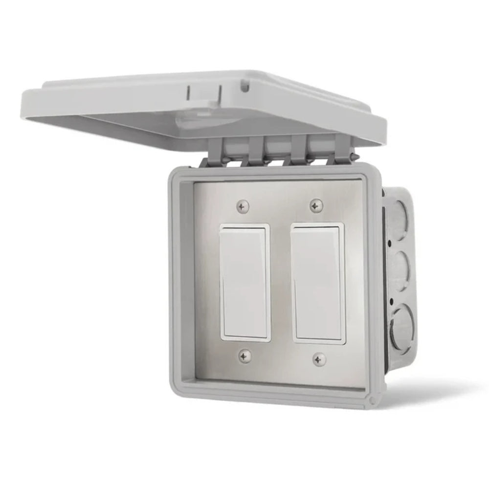 Weatherproof dual on/off switch with hinged cover, light gray wall mount