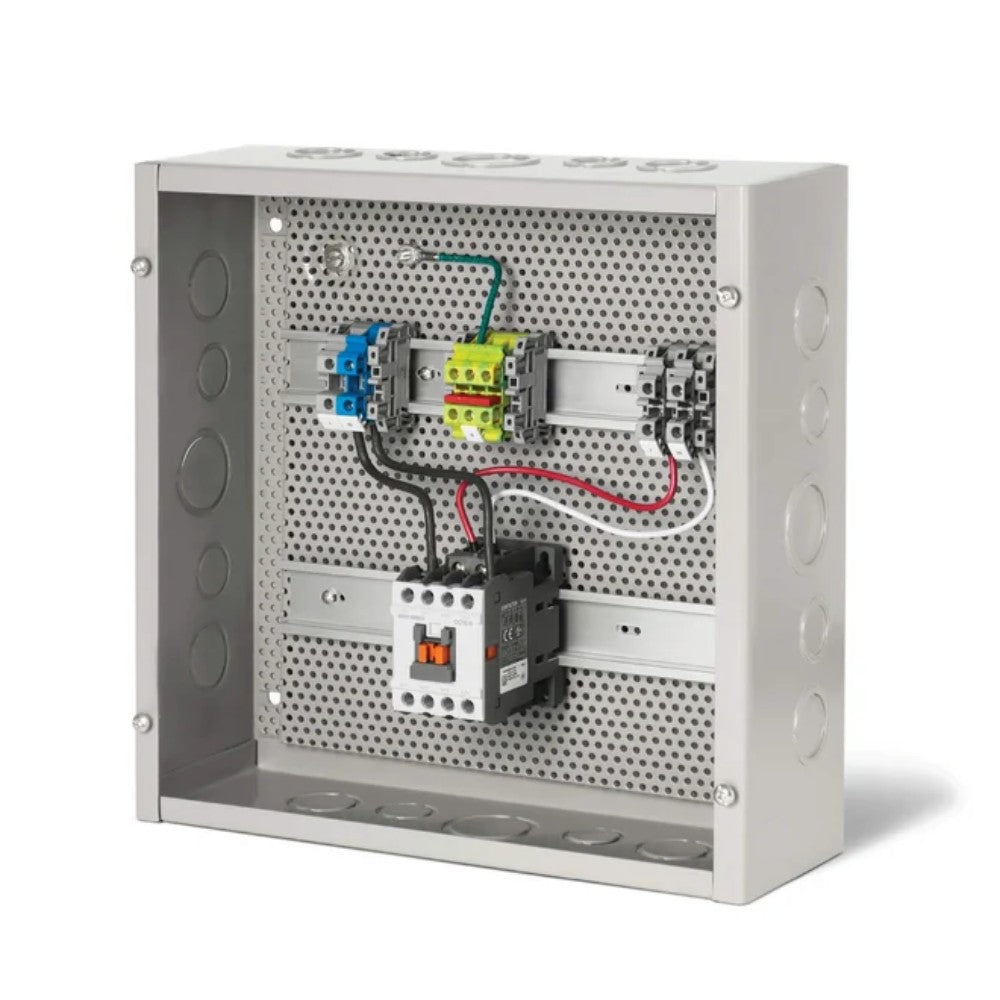Single contactor panel enclosure interior with relay contactors and colored wiring