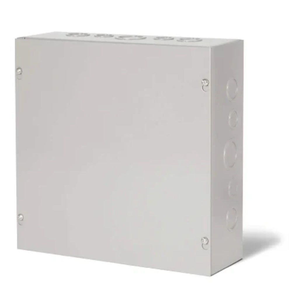Single contactor panel enclosure, light gray metal housing with door hardware