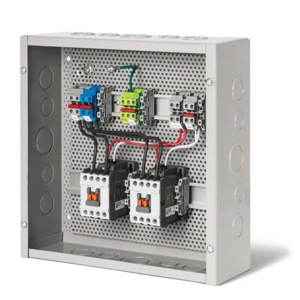 Open-front electrical contactor panel with colored wires and relays