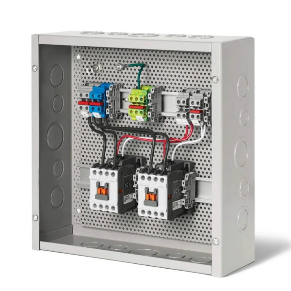 Gray electrical contactor panel with open wiring and circuit breakers