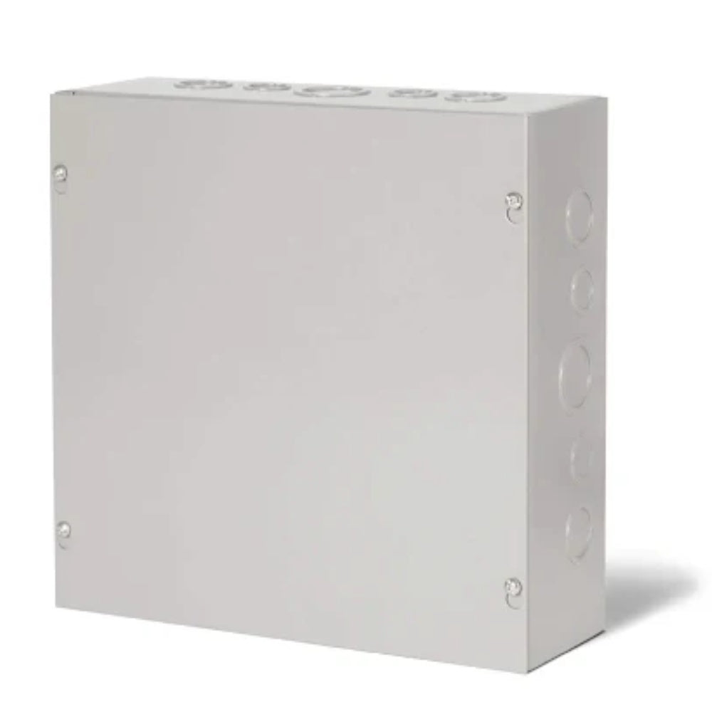 Gray electrical contactor panel enclosure, front closed door and mounting hardware