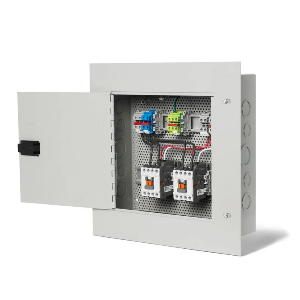Flush mount electrical access door panel with open frame and contactor components